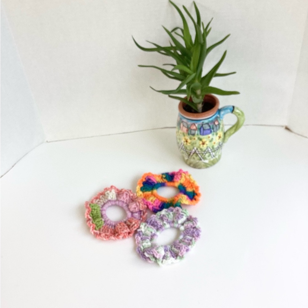Hair Scrunchy Set Hand Crafted Colorful Spring Summer Crochet Purple Green - Picture 2 of 13